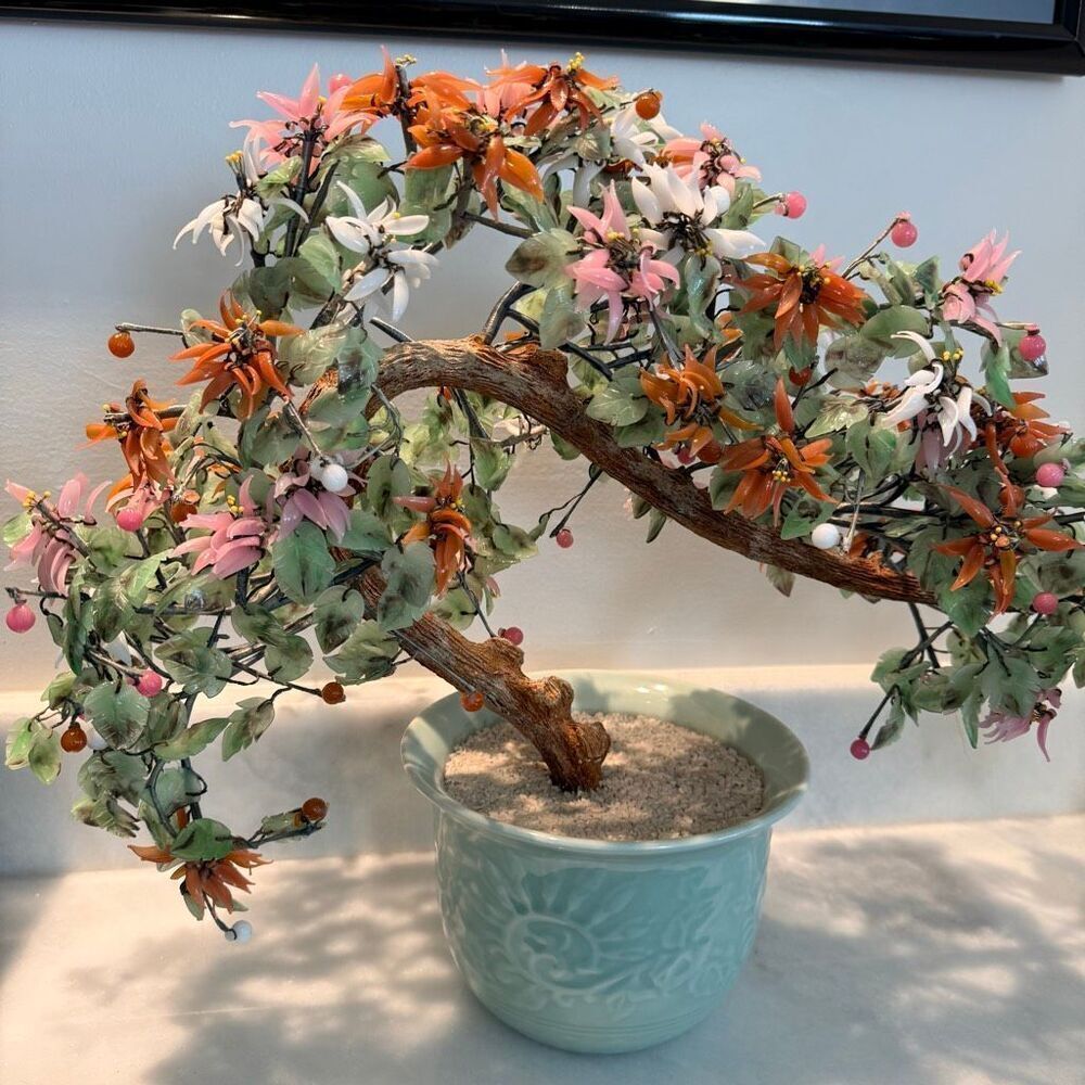 Antique Multicolored Jade Quartz Stone Chinese Glass Bonsai Tree in Celadon Pot